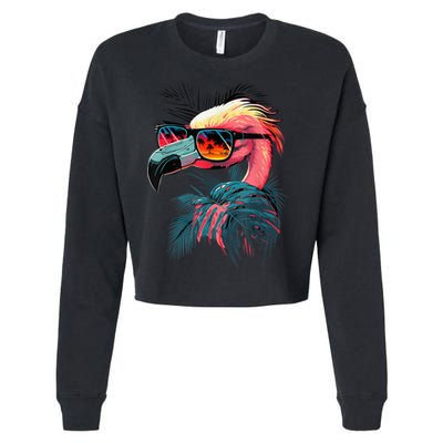 Cute Flamingo in Sunglasses Retro Vintage Funny Beach Summer Cropped Pullover Crew
