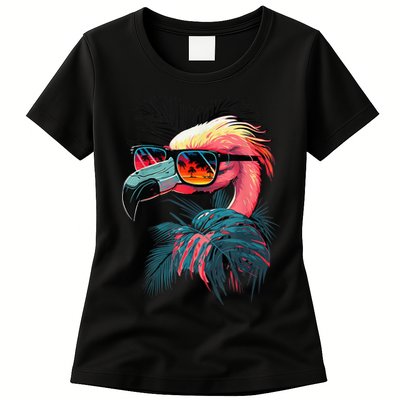 Cute Flamingo in Sunglasses Retro Vintage Funny Beach Summer Womens T-Shirt