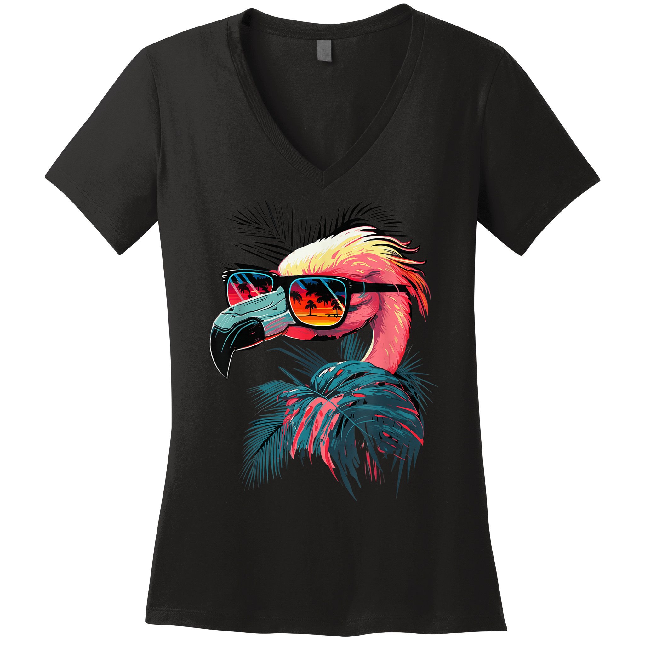 Cute Flamingo in Sunglasses Retro Vintage Funny Beach Summer Women's V-Neck T-Shirt