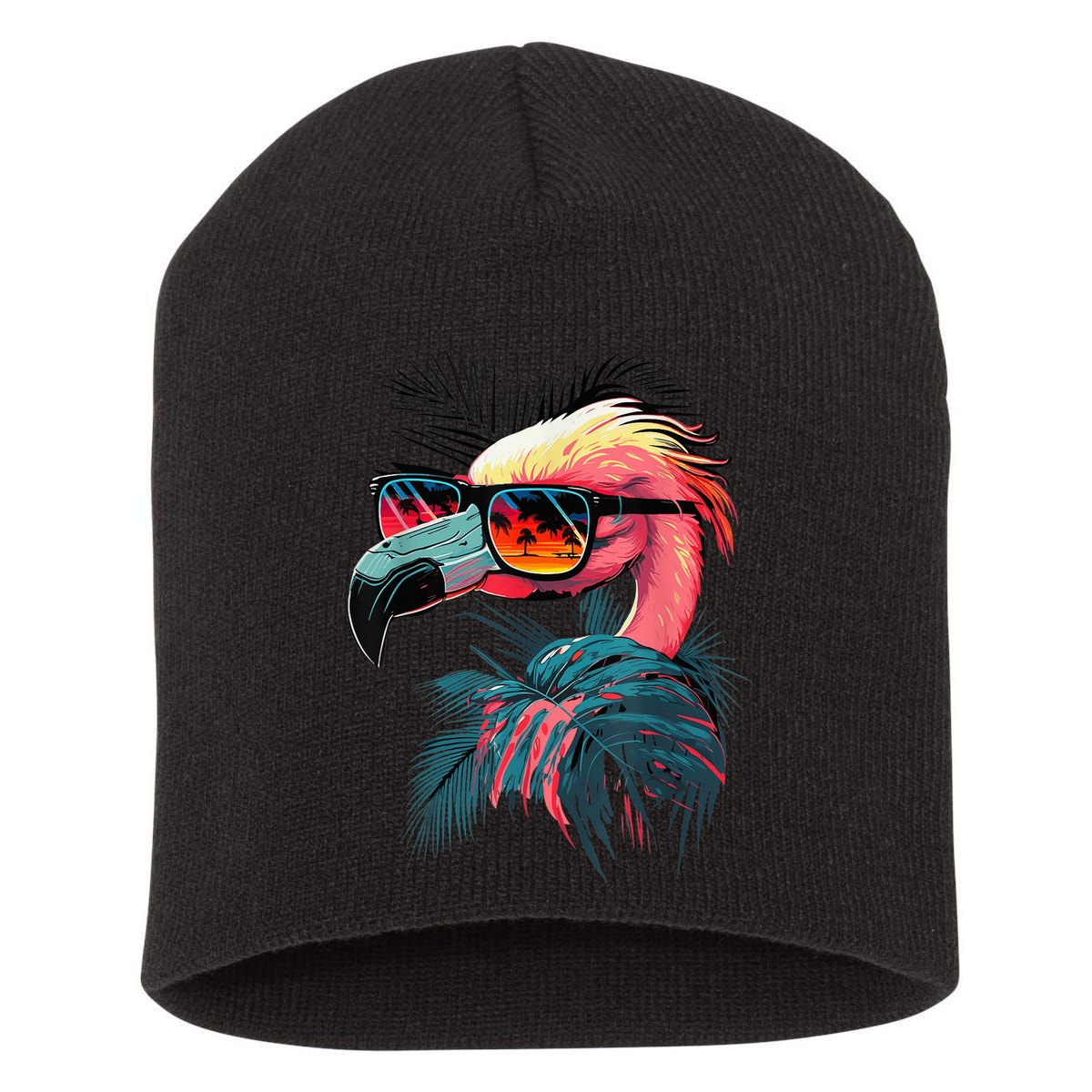 Cute Flamingo in Sunglasses Retro Vintage Funny Beach Summer Short Acrylic Beanie