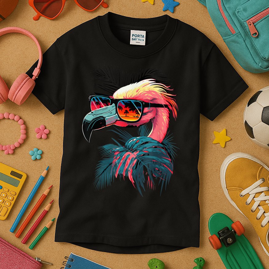 Cute Flamingo in Sunglasses Retro Vintage Funny Beach Summer Kids T-Shirt