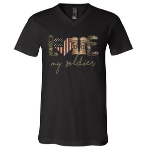 Camour Flag I Love My Soldier Military Army Wife USA V-Neck T-Shirt