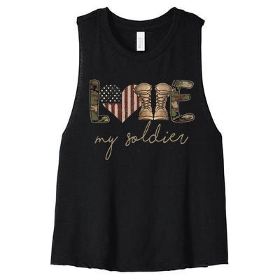 Camour Flag I Love My Soldier Military Army Wife USA Women's Racerback Cropped Tank