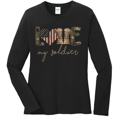 Camour Flag I Love My Soldier Military Army Wife USA Ladies Long Sleeve Shirt