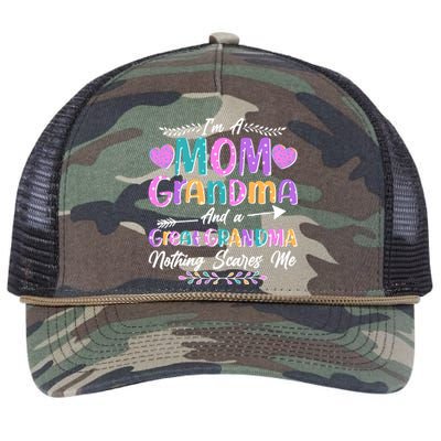 Cute Funny I'm A Mom Grandma And A Great Grandma Nothing Scares Me Retro Rope Trucker Hat Cap