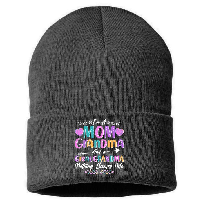 Cute Funny I'm A Mom Grandma And A Great Grandma Nothing Scares Me Sustainable Knit Beanie