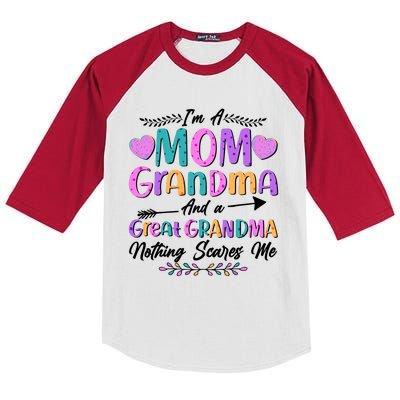 Cute Funny I'm A Mom Grandma And A Great Grandma Nothing Scares Me Kids Colorblock Raglan Jersey