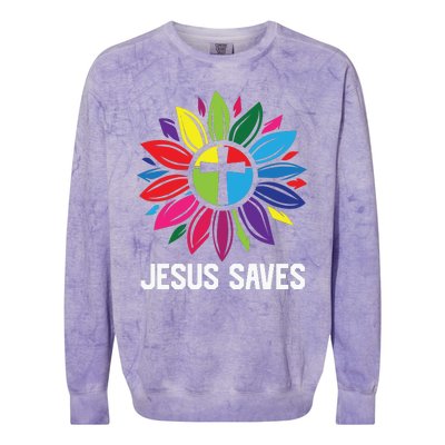 Cool Flower Jesus Saves Colorblast Crewneck Sweatshirt