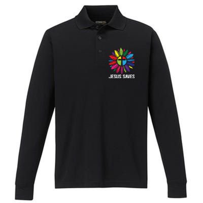 Cool Flower Jesus Saves Performance Long Sleeve Polo