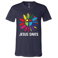 Cool Flower Jesus Saves V-Neck T-Shirt