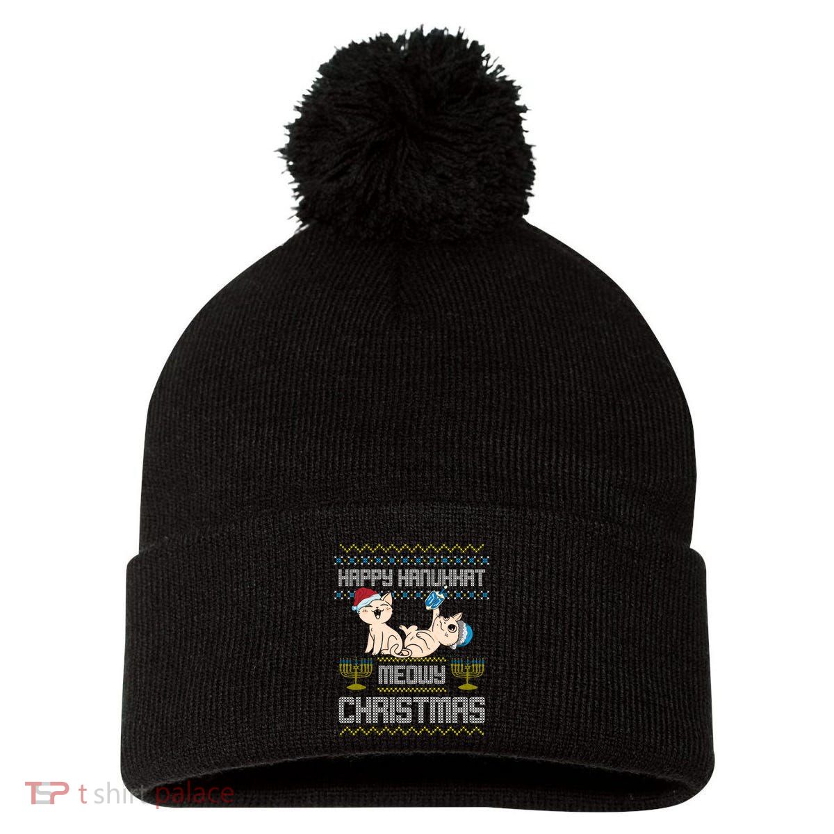 Christmas Funny Jewish Cat Hanukkah Happy Hanukkat Meowy Pom Pom 12in Knit Beanie