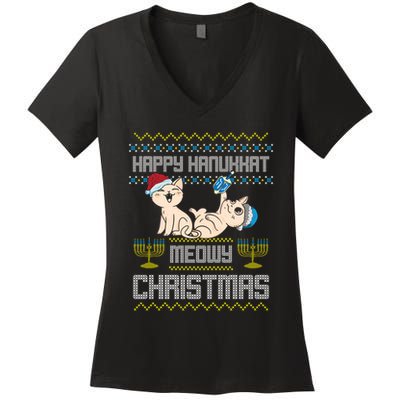 Christmas Funny Jewish Cat Hanukkah Happy Hanukkat Meowy Women's V-Neck T-Shirt