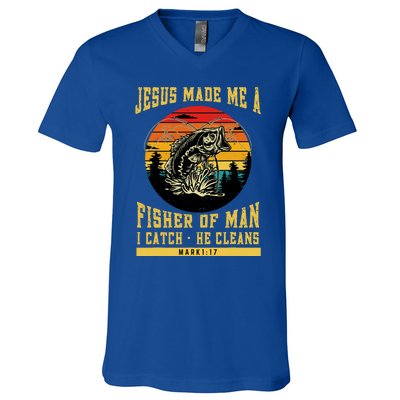 Christian Fisherman Jesus Made Me A Fisher Of Man Religious V-Neck T-Shirt