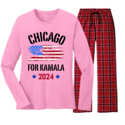 Chicago For Kamala 2024 Dnc Kamala Harris Supporter Women's Long Sleeve Flannel Pajama Set 