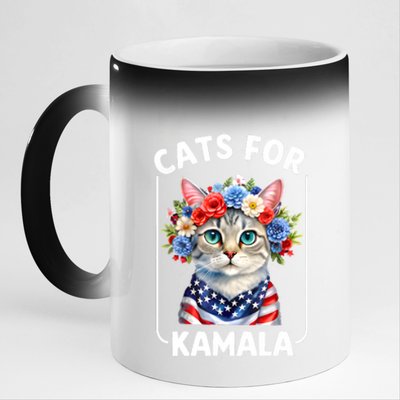 Cat For Kamala Funny Cat With Flowers American Usa Flag 2024 11oz Black Color Changing Mug