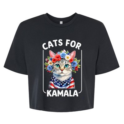 Cat For Kamala Funny Cat With Flowers American Usa Flag 2024 Bella+Canvas Jersey Crop Tee