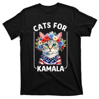 Cat For Kamala Funny Cat With Flowers American Usa Flag 2024 T-Shirt