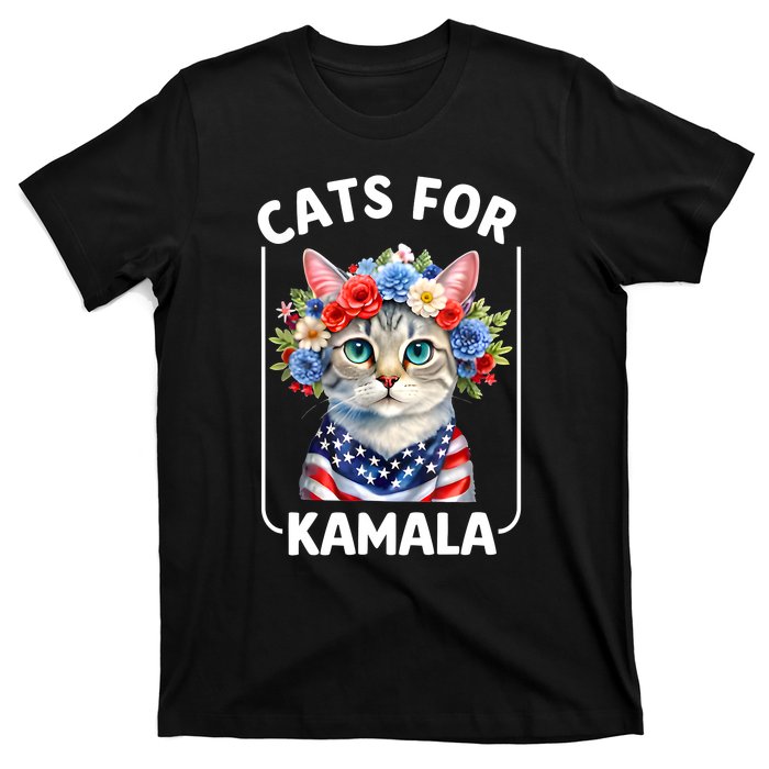 Cat For Kamala Funny Cat With Flowers American Usa Flag 2024 T-Shirt