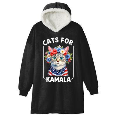 Cat For Kamala Funny Cat With Flowers American Usa Flag 2024 Hooded Wearable Blanket