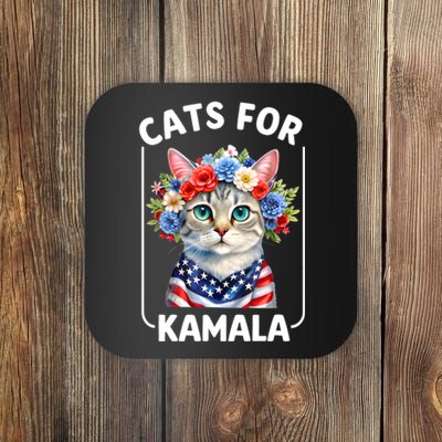 Cat For Kamala Funny Cat With Flowers American Usa Flag 2024 Coaster