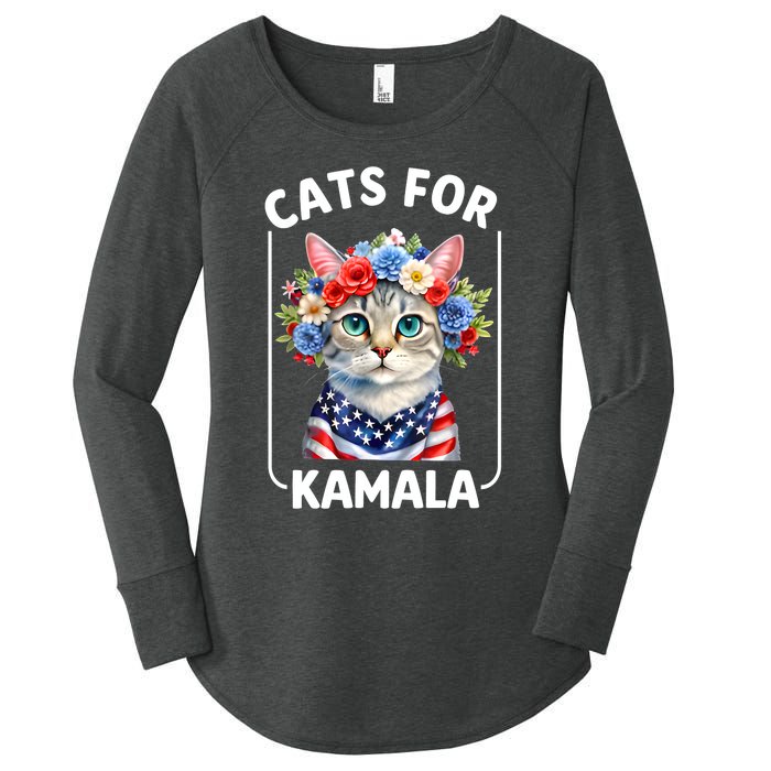 Cat For Kamala Funny Cat With Flowers American Usa Flag 2024 Women's Perfect Tri Tunic Long Sleeve Shirt