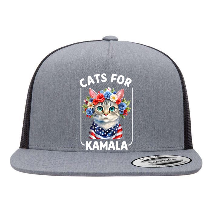 Cat For Kamala Funny Cat With Flowers American Usa Flag 2024 Flat Bill Trucker Hat