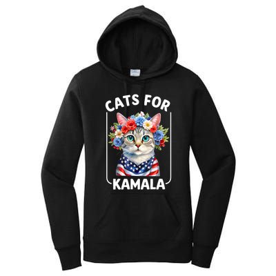 Cat For Kamala Funny Cat With Flowers American Usa Flag 2024 Women's Pullover Hoodie