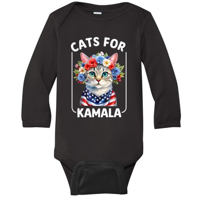 Cat For Kamala Funny Cat With Flowers American Usa Flag 2024 Baby Long Sleeve Bodysuit