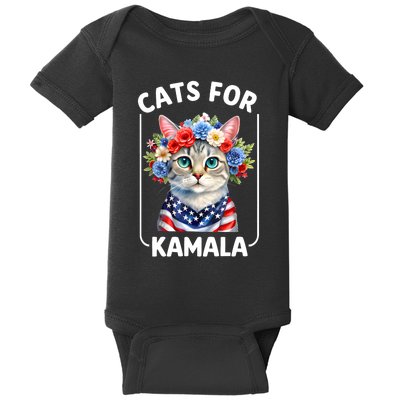 Cat For Kamala Funny Cat With Flowers American Usa Flag 2024 Baby Bodysuit