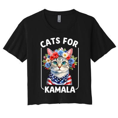 Cat For Kamala Funny Cat With Flowers American Usa Flag 2024 Women's Crop Top Tee