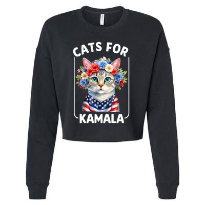 Cat For Kamala Funny Cat With Flowers American Usa Flag 2024 Cropped Pullover Crew