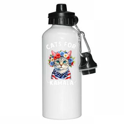 Cat For Kamala Funny Cat With Flowers American Usa Flag 2024 Aluminum Water Bottle