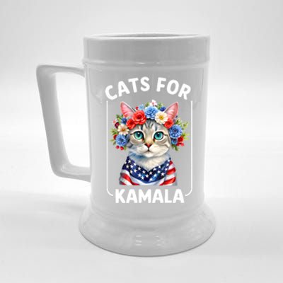 Cat For Kamala Funny Cat With Flowers American Usa Flag 2024 Beer Stein