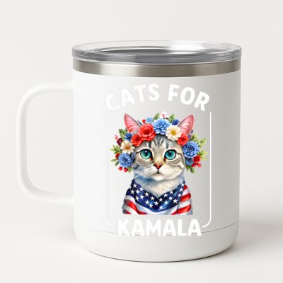 Cat For Kamala Funny Cat With Flowers American Usa Flag 2024 12 oz Stainless Steel Tumbler Cup