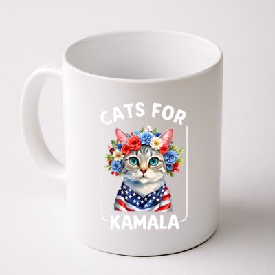 Cat For Kamala Funny Cat With Flowers American Usa Flag 2024 Coffee Mug