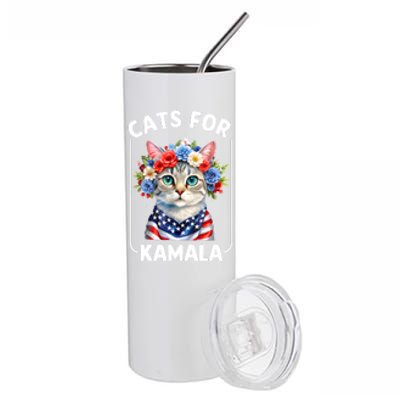 Cat For Kamala Funny Cat With Flowers American Usa Flag 2024 Stainless Steel Tumbler