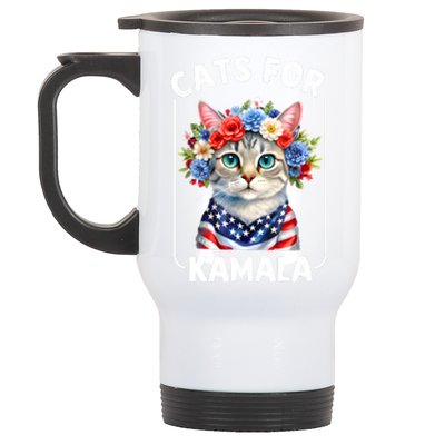 Cat For Kamala Funny Cat With Flowers American Usa Flag 2024 Stainless Steel Travel Mug