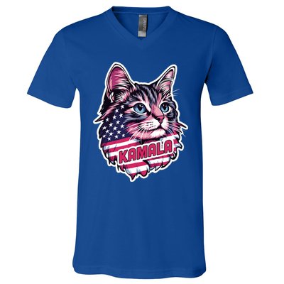 Cats For Kamala Harris Cute Red Blue Flag America Forward Gift V-Neck T-Shirt