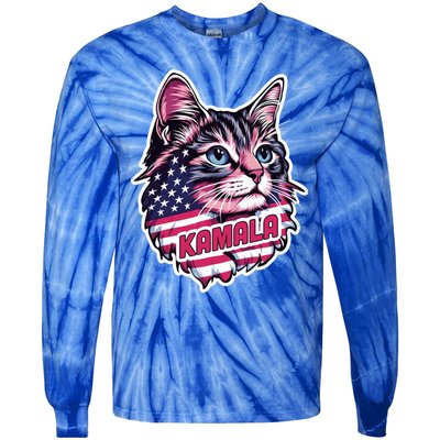 Cats For Kamala Harris Cute Red Blue Flag America Forward Gift Tie-Dye Long Sleeve Shirt