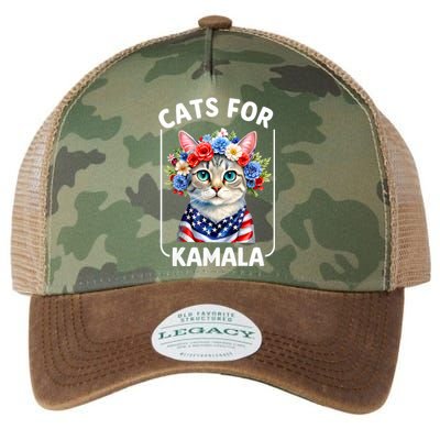 Cat For Kamala Funny Cat With Flowers American Usa Flag 2024 Legacy Tie Dye Trucker Hat