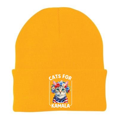 Cat For Kamala Funny Cat With Flowers American Usa Flag 2024 Knit Cap Winter Beanie