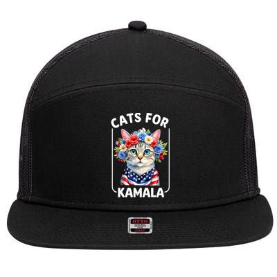 Cat For Kamala Funny Cat With Flowers American Usa Flag 2024 7 Panel Mesh Trucker Snapback Hat