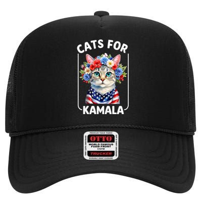 Cat For Kamala Funny Cat With Flowers American Usa Flag 2024 High Crown Mesh Back Trucker Hat