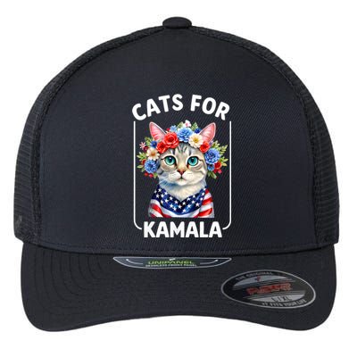 Cat For Kamala Funny Cat With Flowers American Usa Flag 2024 Flexfit Unipanel Trucker Cap