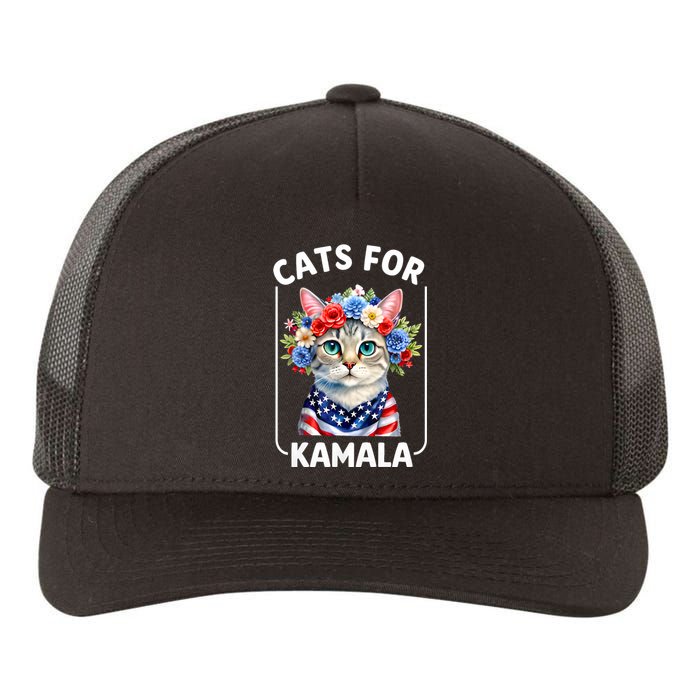 Cat For Kamala Funny Cat With Flowers American Usa Flag 2024 Yupoong Adult 5-Panel Trucker Hat