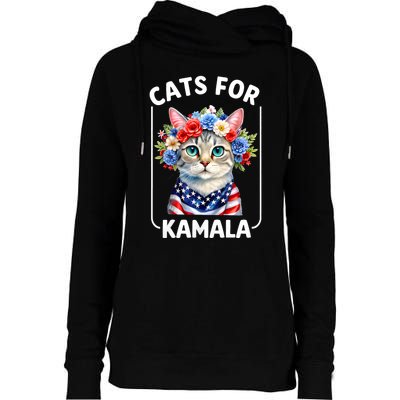 Cat For Kamala Funny Cat With Flowers American Usa Flag 2024 Womens Funnel Neck Pullover Hood