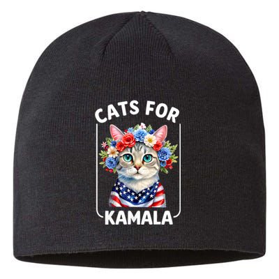 Cat For Kamala Funny Cat With Flowers American Usa Flag 2024 Sustainable Beanie