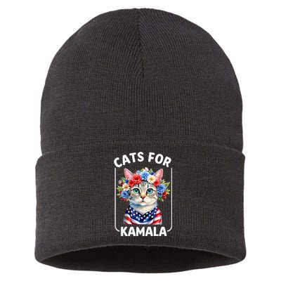 Cat For Kamala Funny Cat With Flowers American Usa Flag 2024 Sustainable Knit Beanie