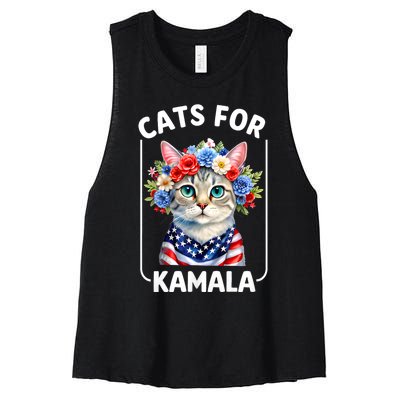 Cat For Kamala Funny Cat With Flowers American Usa Flag 2024 Women's Racerback Cropped Tank