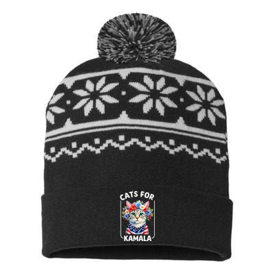 Cat For Kamala Funny Cat With Flowers American Usa Flag 2024 USA-Made Snowflake Beanie